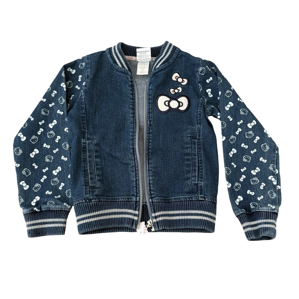 Hello Kitty Sanrio Denim Bomber Jacket Blue Sequin Bow Girls Size 5